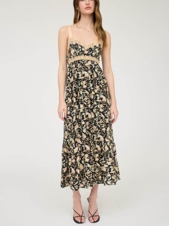 mine Dresses & Skirts - mine Black Floral Midi Dress with Beige Lace Trim